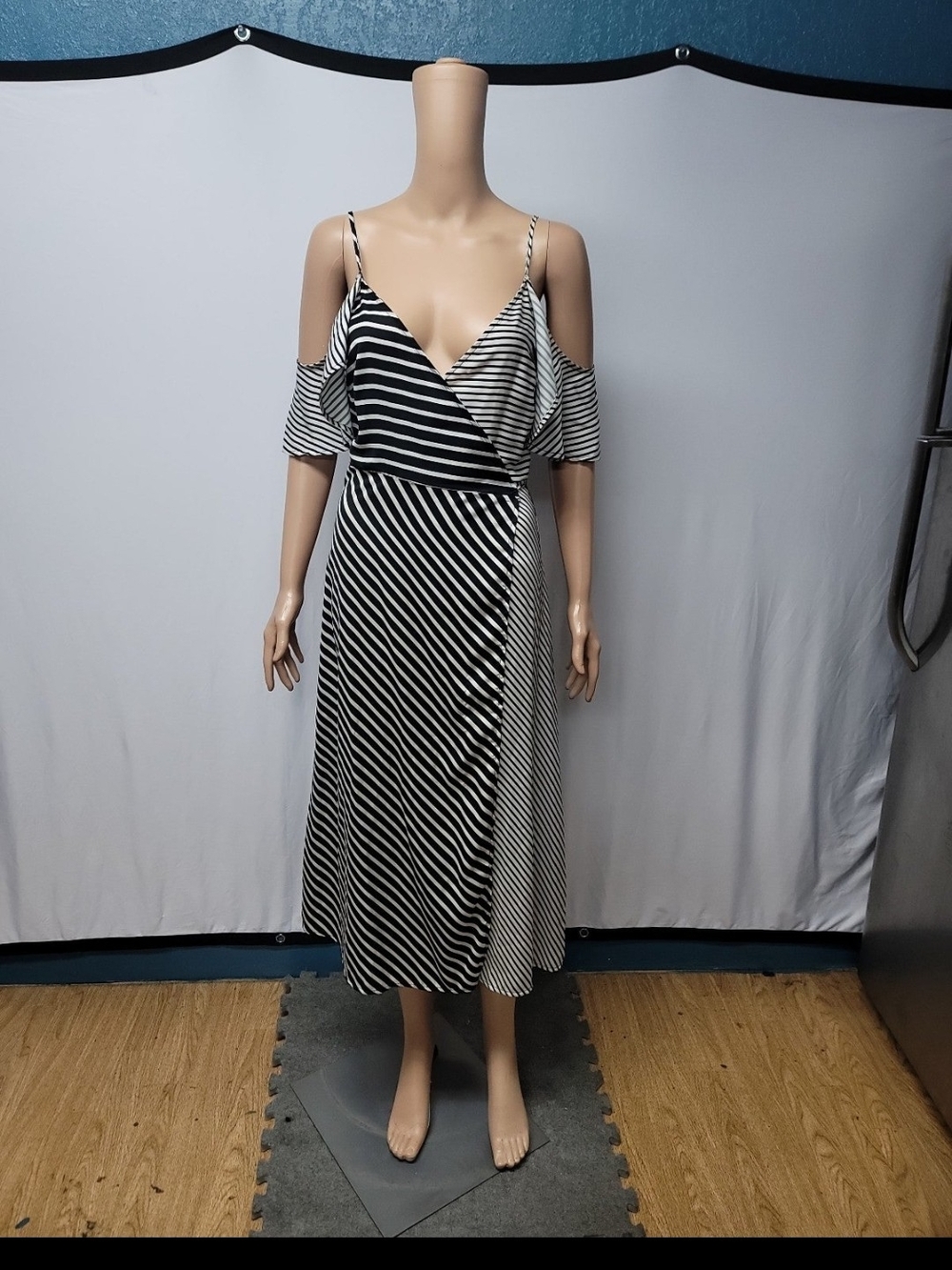 SFERRA Black & White One-Shoulder Striped Maxi Dress
